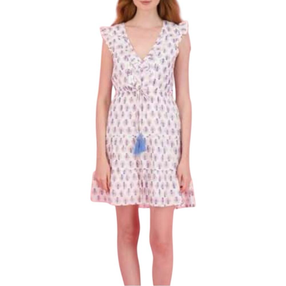 Mer St. Barth Giselle White Printed Flutter Sleeve V-Neck Tier Mini Dress MEDIUM